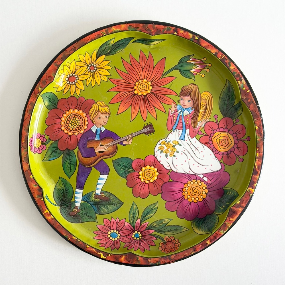 Vintage Folk Art Daher Tin Serving Tray Floral "Serenade"‎ Romantic England